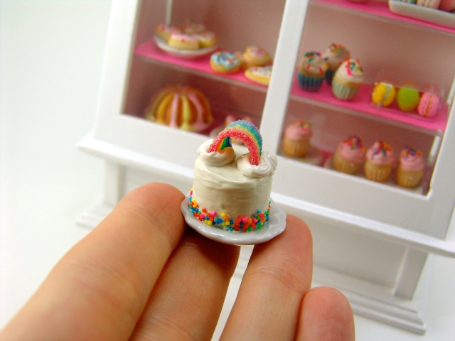 Dollhouse miniature rainbow cake by The Mouse Market
